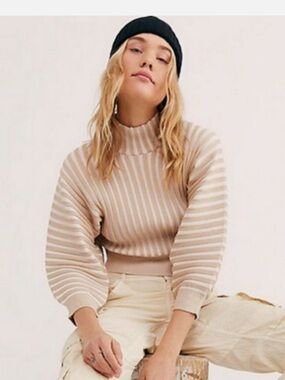 Free People Beige and Cream Striped Cropped Turtleneck Sweater